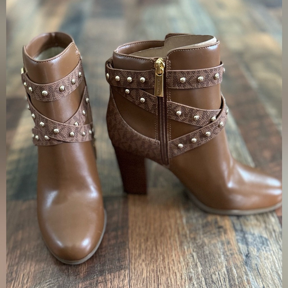 Michael Kors Brown Leather Studded Ankle Boots - Picture 5 of 9